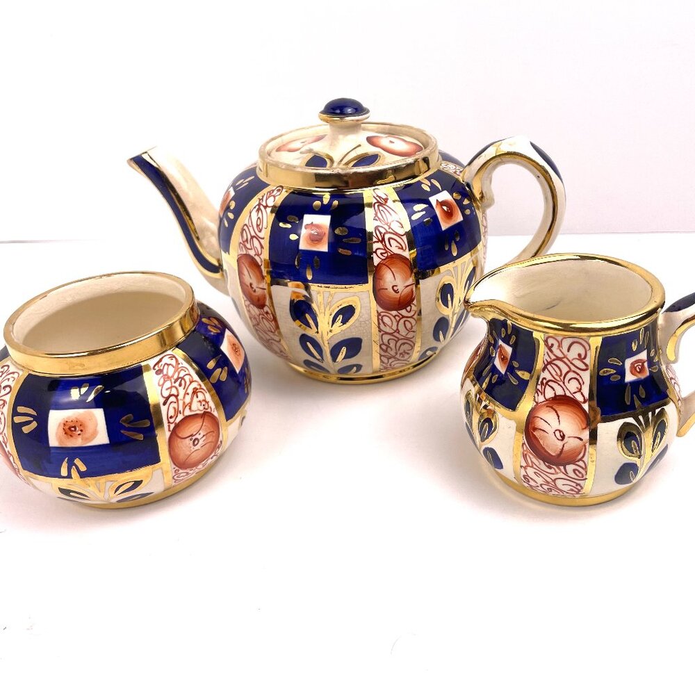 Antique Sudlow’s Burslem England Imari Tea Set -Teapot Creamer Sugar -READ